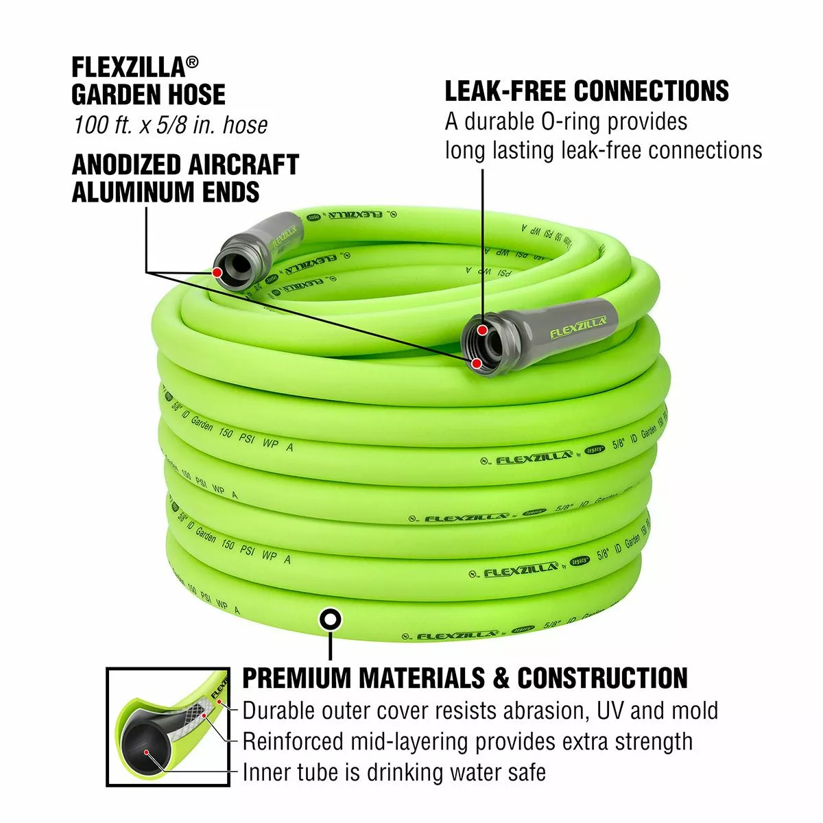 Flexzilla Garden Hose, 3/4 IN - 11 1/2 IN GHT Fittings, HFZG5100YW, 5/8 IN x 100 FT 4 Flexzilla Garden Hose, 3/4 IN - 11 1/2 IN GHT Fittings, HFZG5100YW, 5/8 IN x 100 FT - Image 2