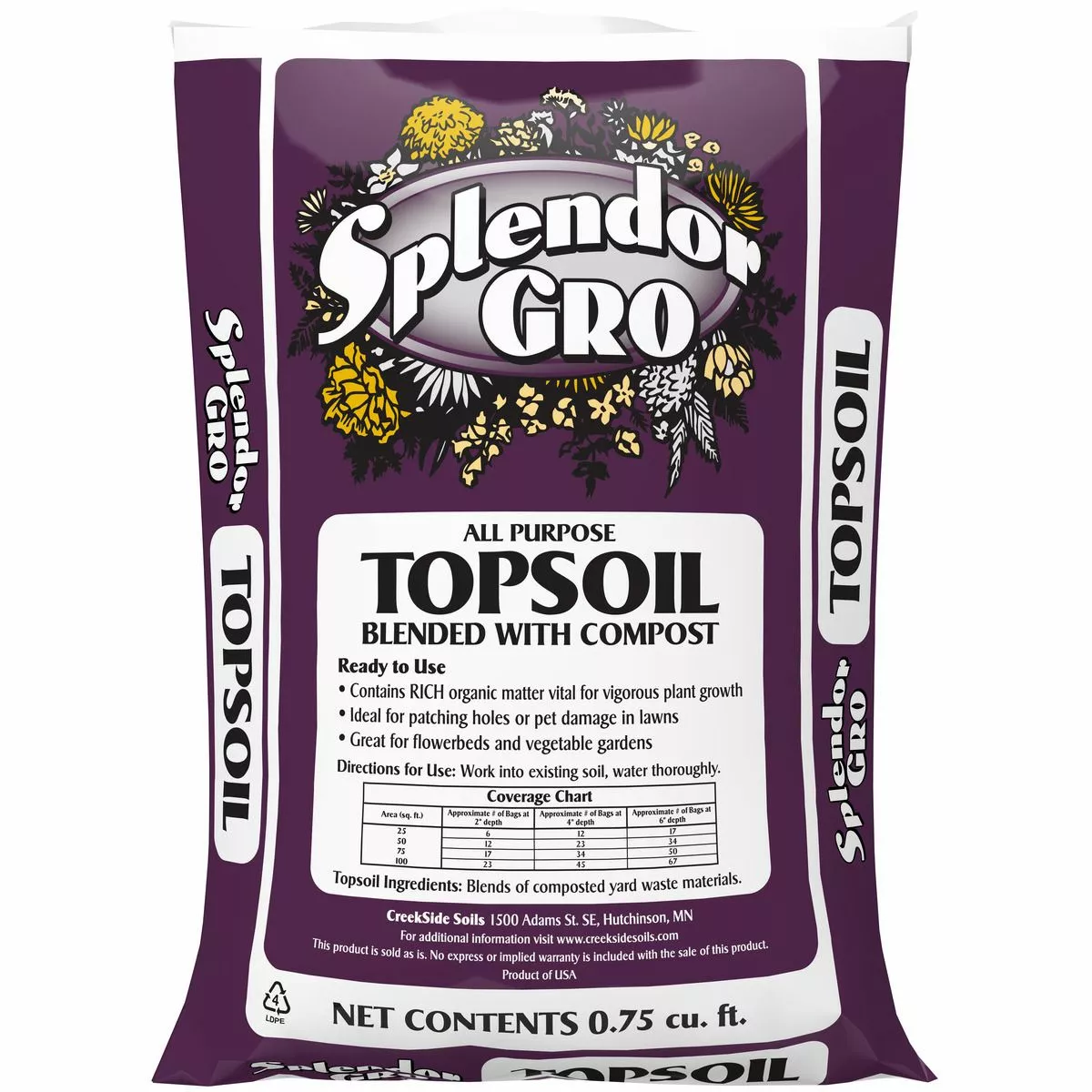 Splendor Gro All-Purpose Topsoil Blended with Compost, 712-5, .75 CU FT 3 Splendor Gro All-Purpose Topsoil Blended with Compost, 712-5, .75 CU FT